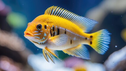Colorful Yellow Dwarf Cichlid Apistogramma Borellii in a vibrant aquarium setting showcasing its striking features and natural habitat.