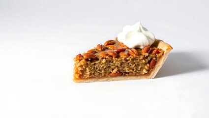 Delicious slice of nut pie topped with whipped cream ready to enjoy