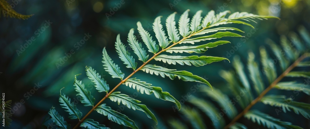 Poster lush green fern leaf in selective focus showcasing intricate texture and vibrant color against a sof