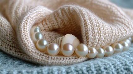 Fototapeta premium Pearls, sweater, seashell, beach, textile, close-up