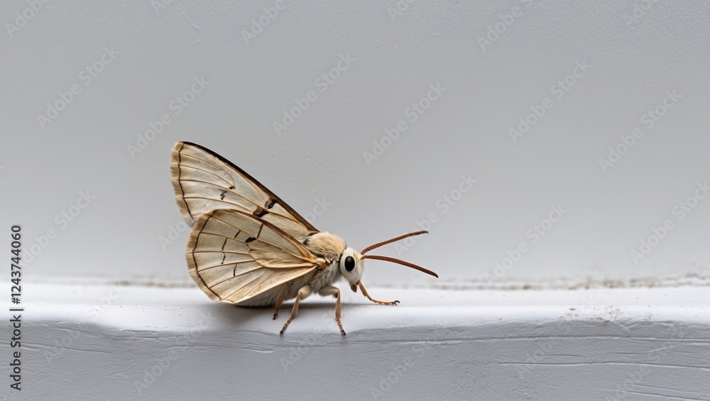 Poster delicate moth resting on a white wall showcasing intricate wing patterns and soft texture in a seren