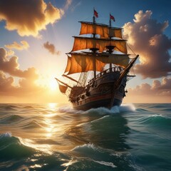 Obraz premium Un gran barco pirata a punto de pasear por el agua tranquila mientras el sol se oculta detr?s de las nubes, sky, clouds