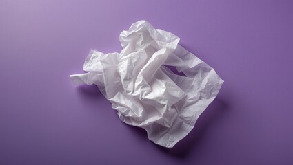 Obraz premium Crumpled white tissue paper on a vibrant purple background showcasing texture and contrast in artistic composition.