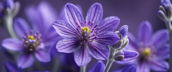 Obraz premium Macro Shot of Vibrant Purple Flower with Yellow Center Against Soft Focus Green Background