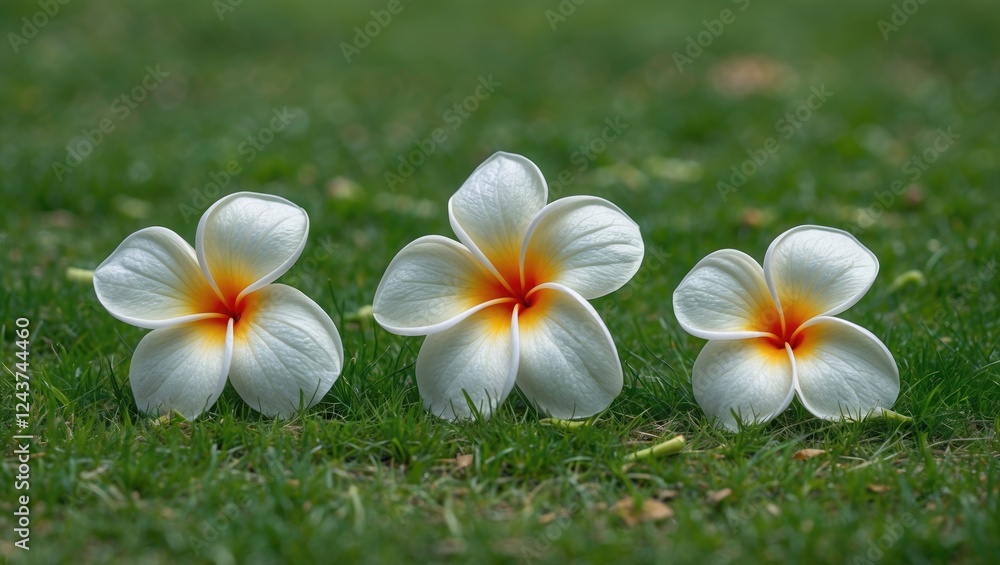 Canvas Prints Three Plumeria Flowers Displaying Vibrant Colors on a Lush Green Lawn Perfect for Nature and Floral Themes