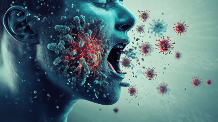 Surreal representation of human face with a visual explosion of viruses, illustrating the impact of infectious diseases on human health and the body’s response to pathogens.