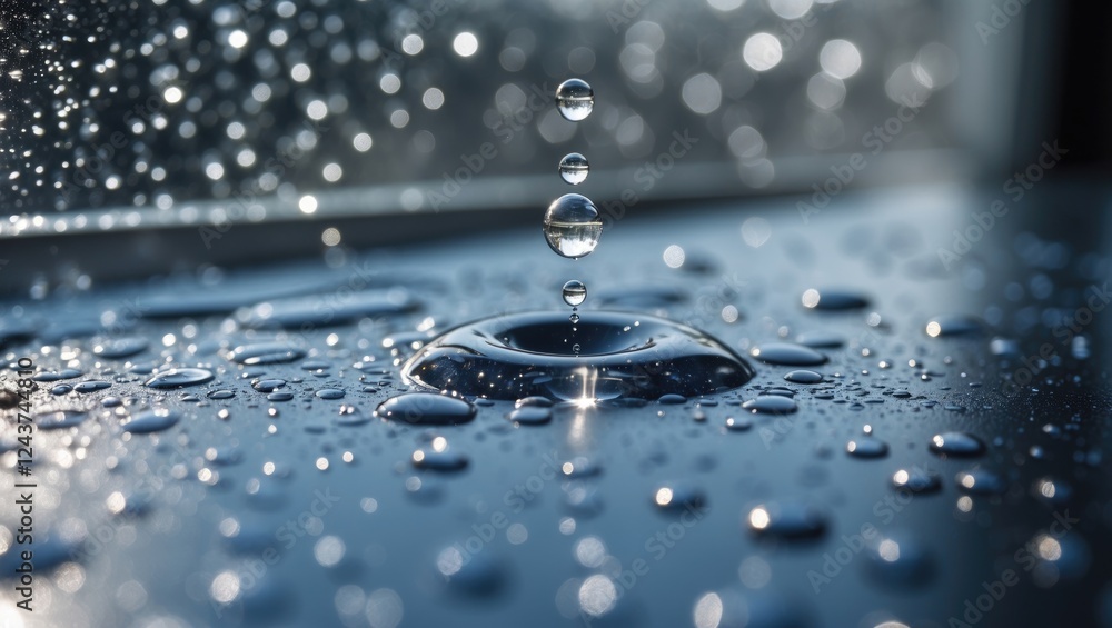 Aufkleber close-up of water droplets on a window surface highlighting reflections and intricate details in a s