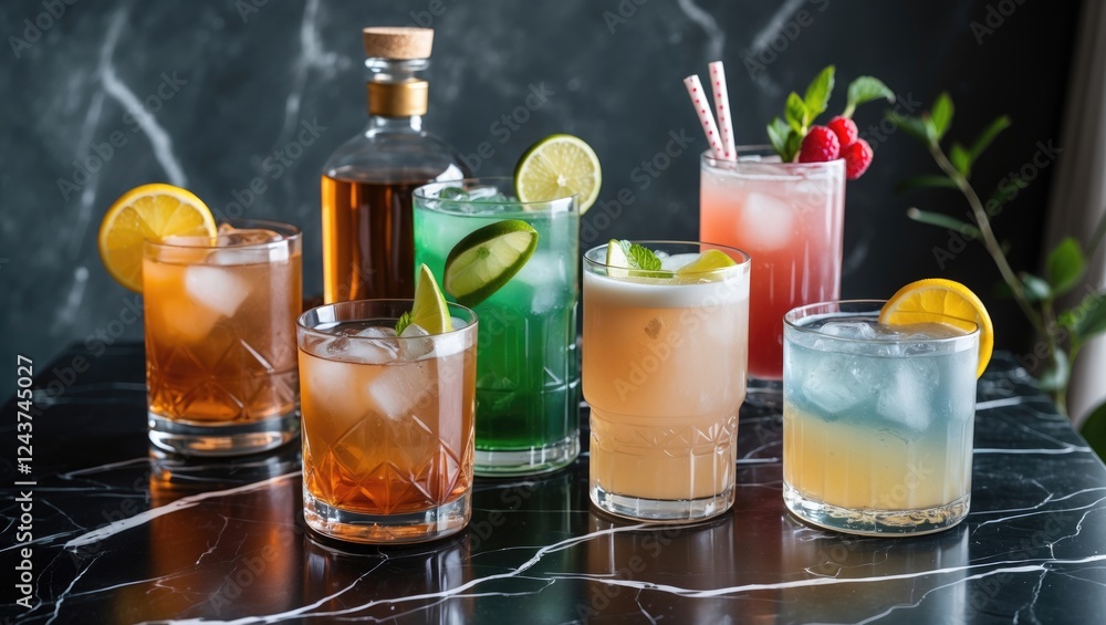 Poster cocktails and mocktails arrangement on dark marble table with fresh garnishes and empty space for te