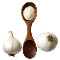 Wooden Spoon Holds Garlic Powder, Two Bulbs Isolated on White Background