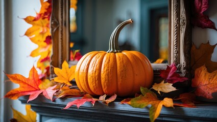 Vibrant orange pumpkin on a mantel adorned with colorful autumn leaves creating a warm and festive fall ambiance