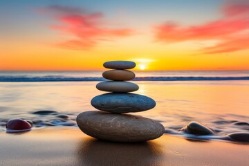 Smooth stones stacked on a tranquil beach during a vibrant sunset