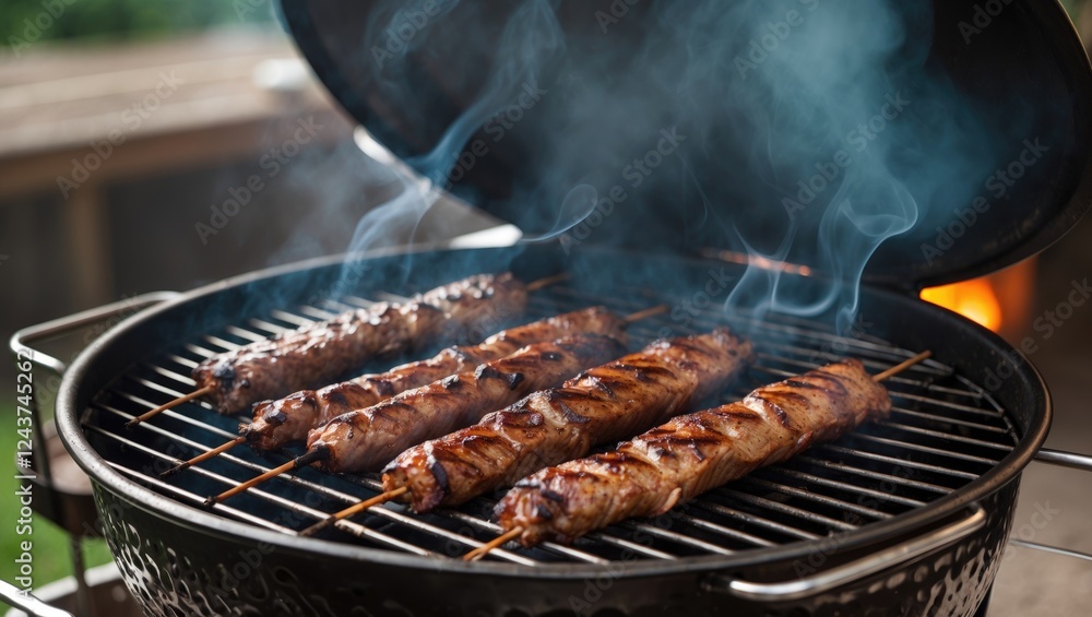 Poster grilling skewered meat over smoky charcoal bbq with closed lid and empty space for culinary text and