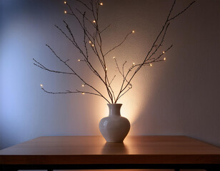 a minimalist white vase with illuminated branches creating a warm ambiance in a stylish interior perfect for home decor inspiration