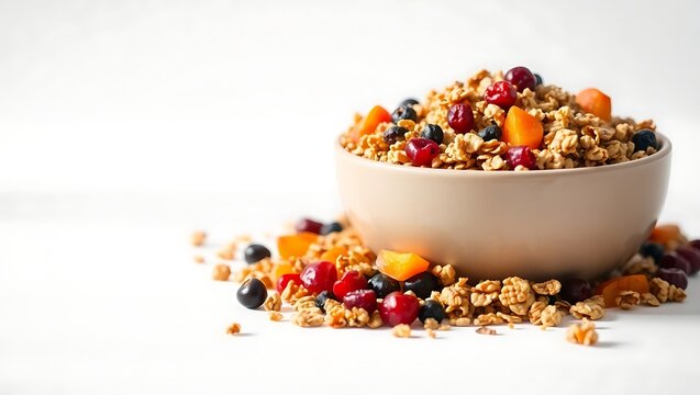 Healthy granola bowl with mixed fruits on a clean surface