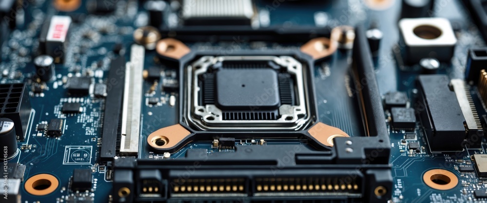 Poster close up of a computer motherboard showcasing intricate circuit patterns and components in a detaile