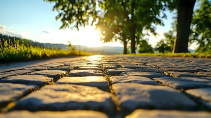 Obraz premium a brickpaved road, warm earthy tones, historical ambiance, European charm, vintage aesthetic, isolated on white background