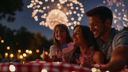 happy family having picnic at night celebrating 4th of july with fireworks in background