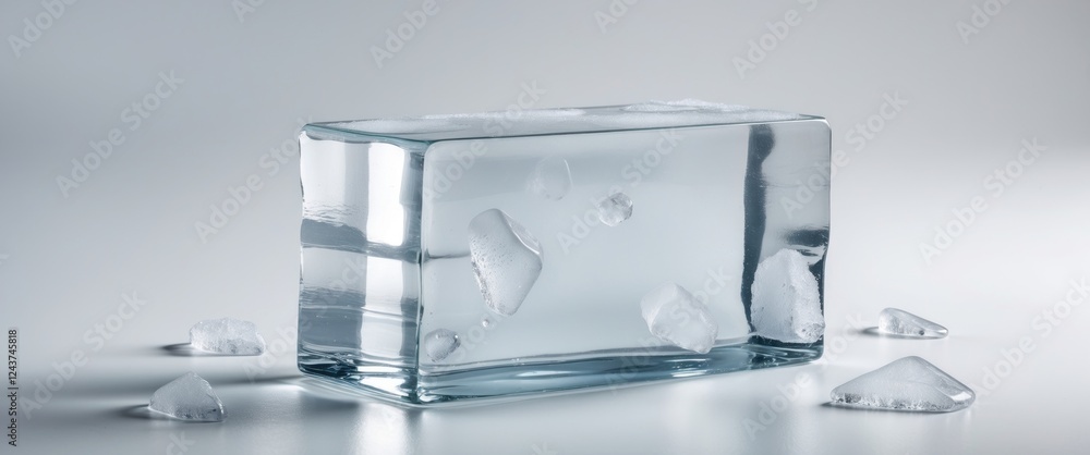 Poster clean rectangular ice block on a white background symbolizing purity with scattered smaller pieces o