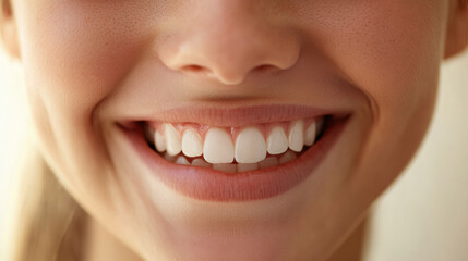 Fototapeta premium Bright and Radiant Smile of a Young Woman Featuring Healthy White Teeth and a Genuine Expression of Happiness Against a Soft Neutral Background
