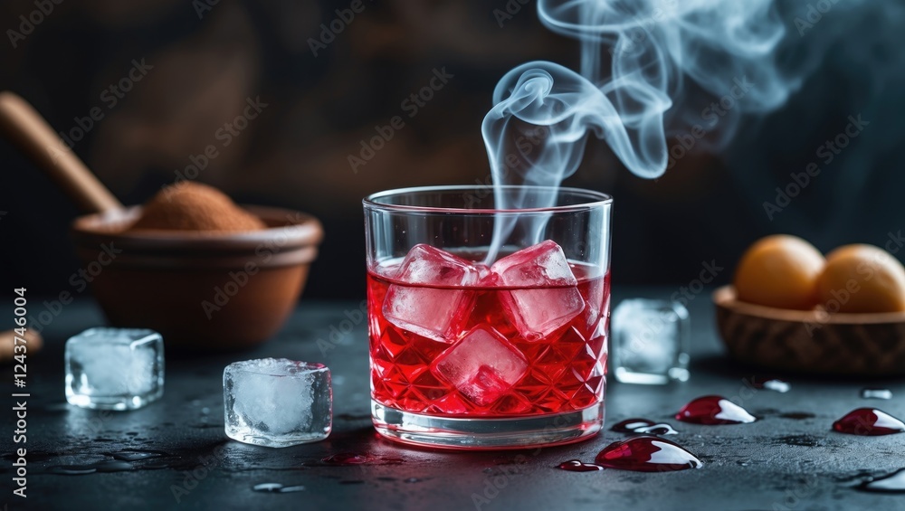 Poster vibrant red syrup cocktail with ice cubes and cold smoke on a rustic table setting inviting a refres