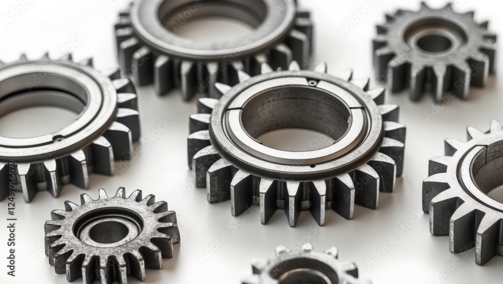 Poster interlocking metallic gears displayed on a white surface highlighting industrial design and precisio