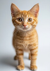 Obraz premium Adorable orange tabby cat with striking amber eyes, standing on a light background, showcasing playful curiosity and engaging personality traits