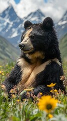 Fototapeta premium HD Phone Wallpaper Majestic Asian Black Bear in Mountain Meadow Wildflowers