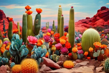 Lush desert scene showcasing colorful cacti and vivid flowers under a bright sky