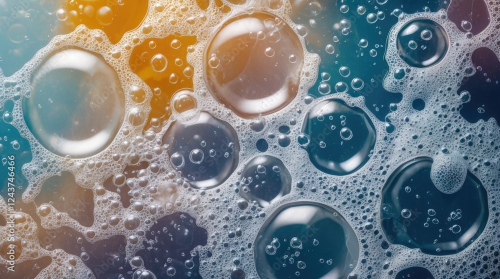 Poster colorful soap bubbles on a textured abstract background creating a visually engaging and vibrant com