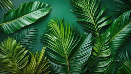Tropical green leaf texture background with various palm leaves creating a lush nature-inspired aesthetic for design projects.