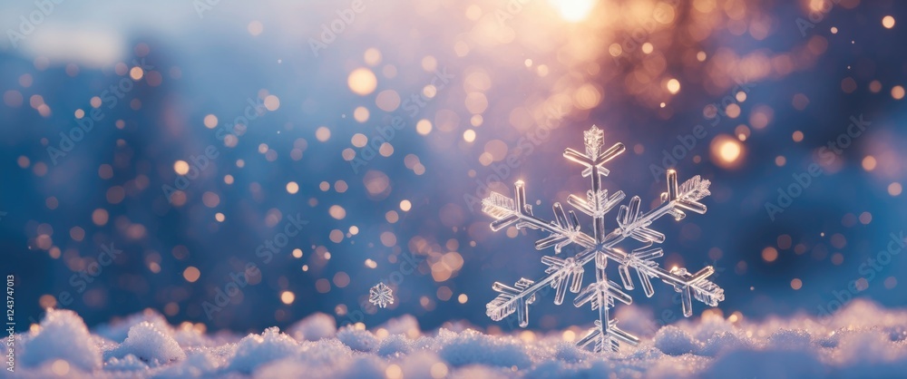 Poster delicate translucent snowflake resting on soft snow with shimmering bokeh effect in a serene winter 