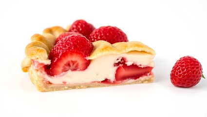 Delicious strawberry cream pie slice with fresh berries next to it