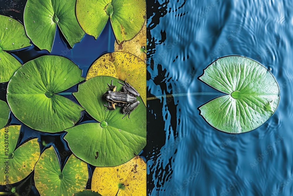 Poster a serene split image showing vibrant lily pads with a frog on one side, and a solitary lily pad floa