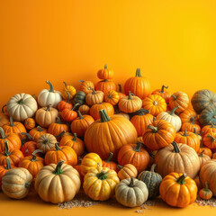 Vibrant yellow orange backdrop with assorted pumpkins and gourds, decoration, fall, gourd, halloween