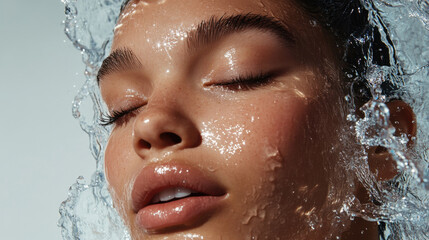 Serene Young Woman with Wet Skin Surrounded by Water, Capturing Freshness and Beauty in a Calm Underwater Atmosphere, Emphasizing Natural Radiance and Youthful Glow