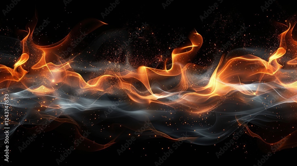 Poster vibrant flames with glowing embers and floating particles creating a dynamic atmosphere in a dark ba