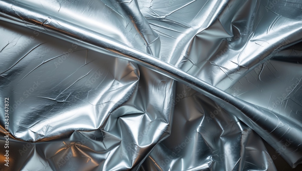 Poster crumpled aluminum foil texture capturing reflective metallic surface patterns and intricate folds su