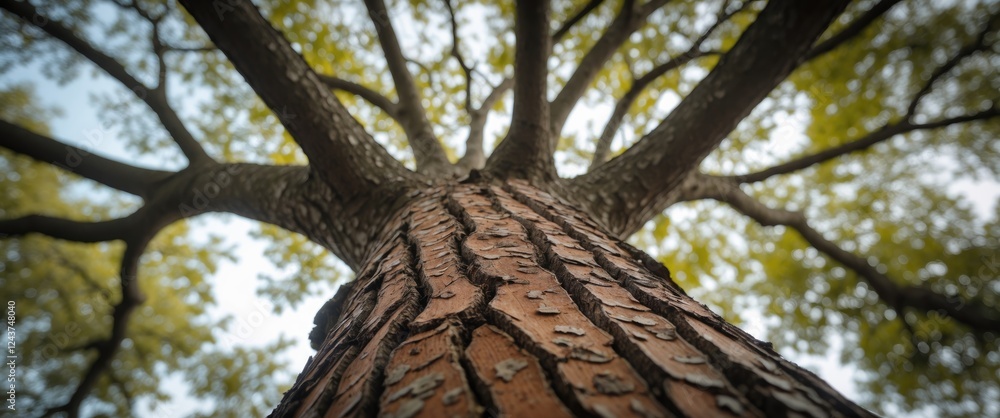 Poster low angle portrait of a tree trunk highlighting textured brown bark with blurred branches and leaves