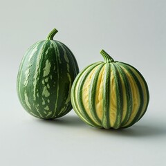 A bitter melon fruit green and yellow on plain white background