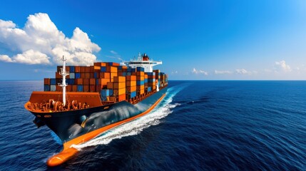 Aerial view of a massive container cargo ship sailing across the deep blue ocean surrounded by fluffy white clouds in the clear sky