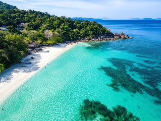 Fototapeta premium Aerial view of a secluded beach with turquoise waters, rugged cliffs, and lush greenery, exotic paradise, travel destination, vibrant natural beauty