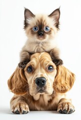 Obraz premium Adorable puppy and fluffy kitten pose together in a playful and cute manner, showcasing their friendship and bond against a clean white background