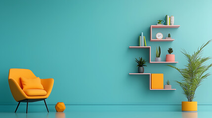 Modern living room design vibrant cyan wall interior decoration cozy atmosphere wide angle contemporary aesthetic with plants and shelves