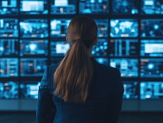 Monitoring data analysis control room digital screens high-tech environment back view information management