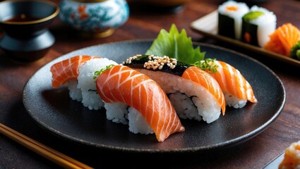 Sushi plate featuring assorted salmon nigiri garnished with sesame seeds and green leaf on a rustic wooden table setting.