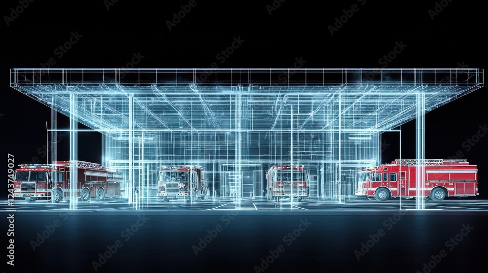 Aufkleber digital rendering of a fire station with translucent wireframe structure and red fire trucks parked 