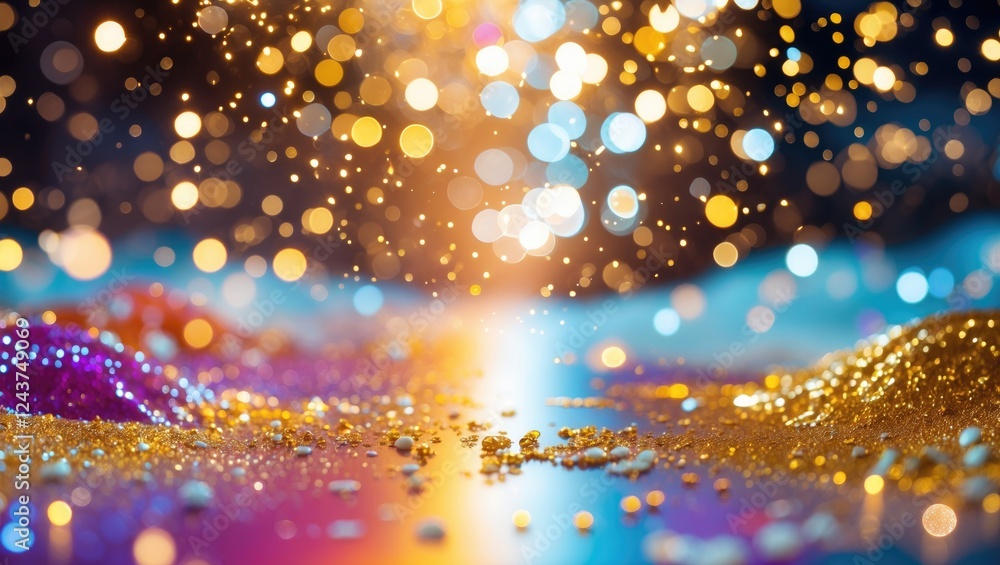 Poster elegant bokeh of gold and white lights on vibrant background with sparkling glitter and space for te