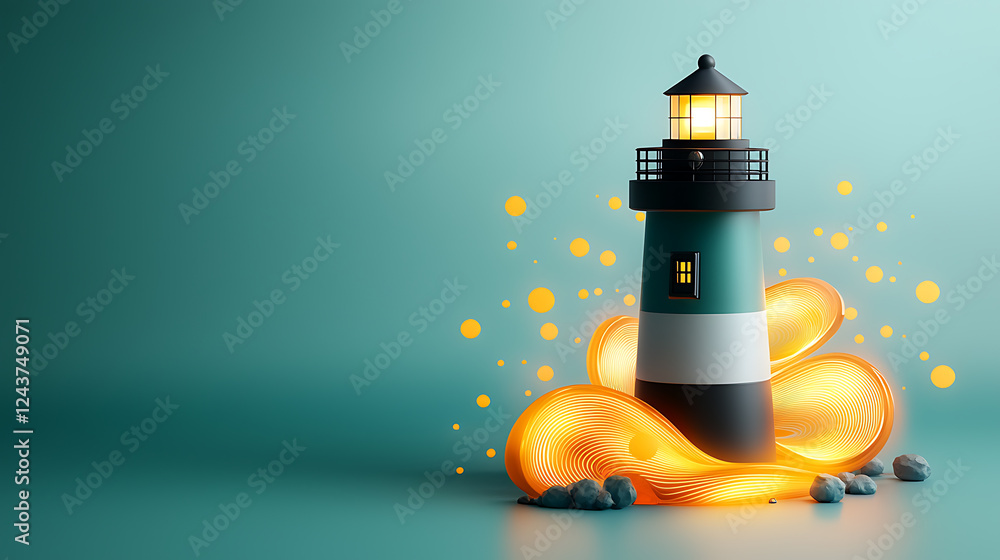Poster illuminated lighthouse guiding waves coastal setting 3d render serene environment vibrant viewpoint 