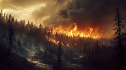 Obraz premium Majestic Forest Landscape Ravaged by Intense Wildfire with Dramatic Sky and Billowing Smoke Amidst Lasting Effects of Climate Change and Natural Disaster
