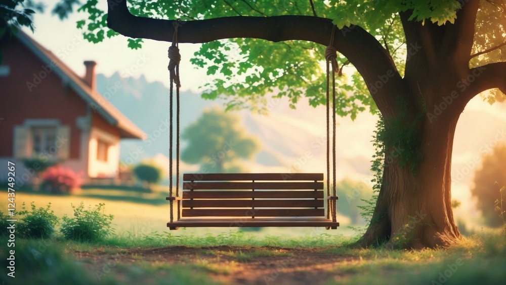 Poster serene garden swing under a lush tree in a tranquil countryside setting with soft light creating a d